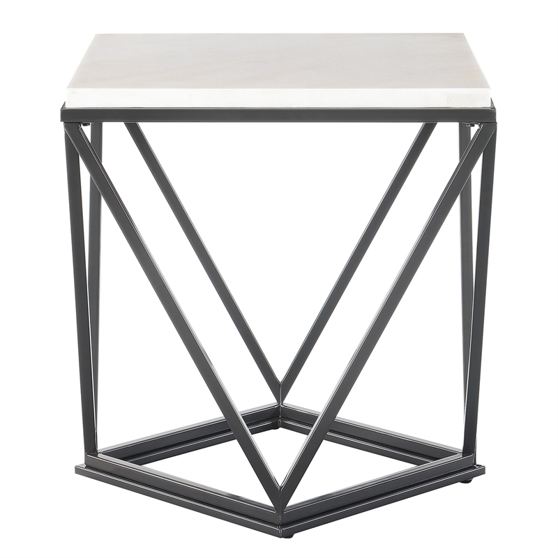 Home Square Conner Square End Table in White Marble and Black Base - Set of 2