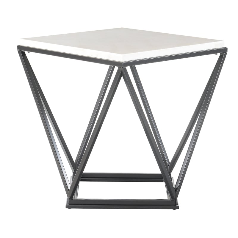 Home Square Conner Square End Table in White Marble and Black Base - Set of 2