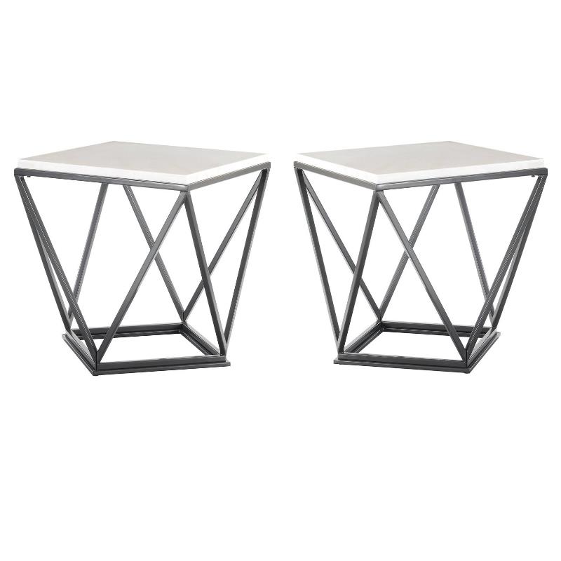 Home Square Conner Square End Table in White Marble and Black Base - Set of 2