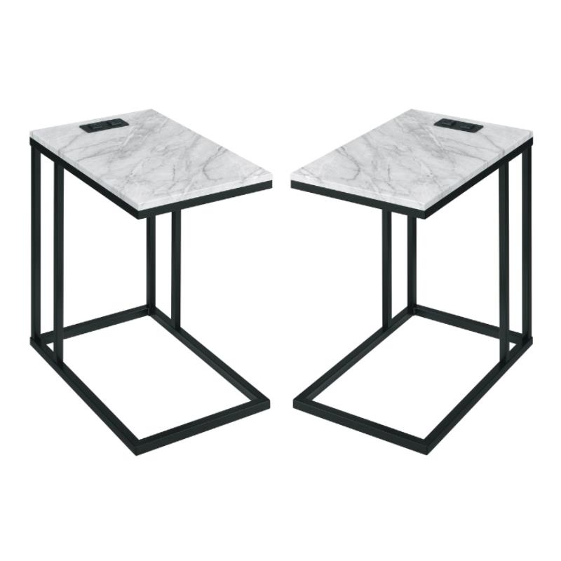 Home Square C-Table in Black Base and White Marble Top - Set of 2