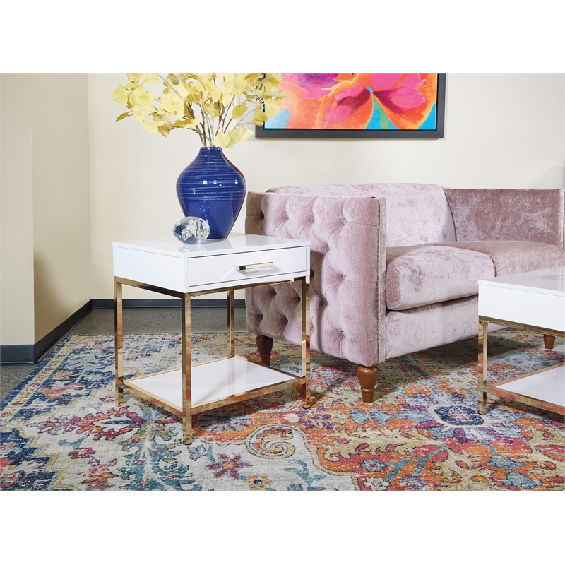 Home Square Wood End Table in White Gloss and Gold Plated Base - Set of 2