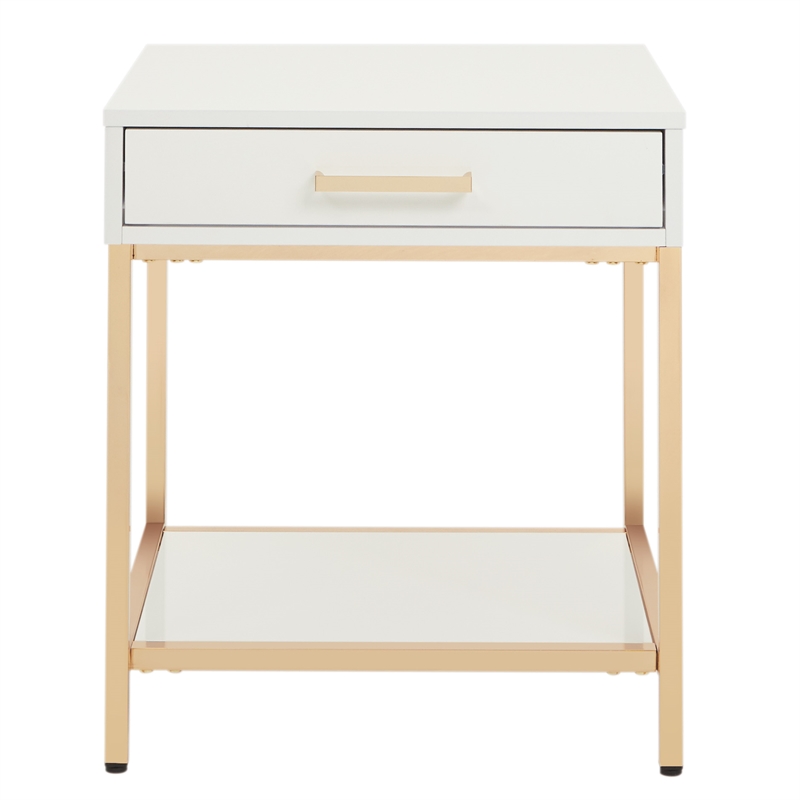 Home Square Wood End Table in White Gloss and Gold Plated Base - Set of 2
