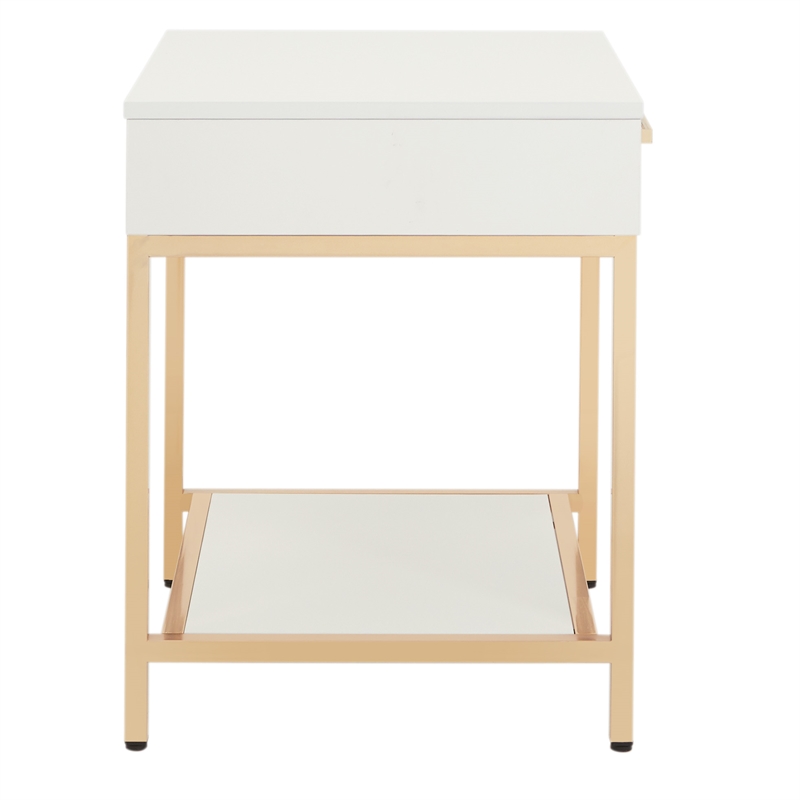 Home Square Wood End Table in White Gloss and Gold Plated Base - Set of 2