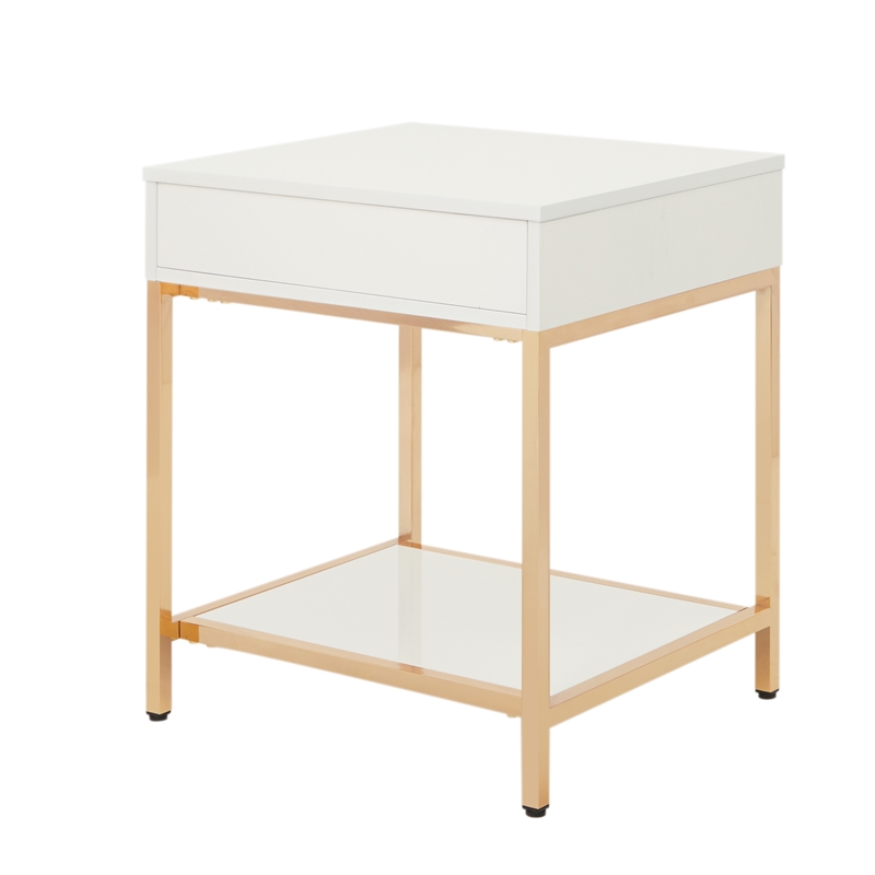 Home Square Wood End Table in White Gloss and Gold Plated Base - Set of 2