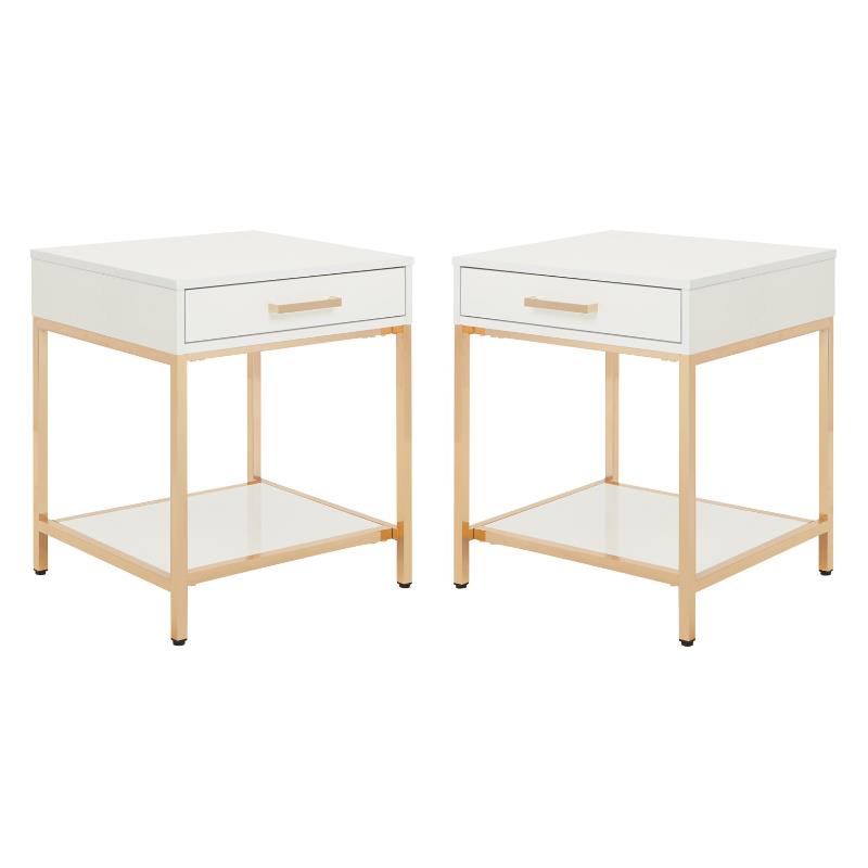 Home Square Wood End Table in White Gloss and Gold Plated Base - Set of 2
