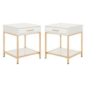 Home Square Wood End Table in White Gloss and Gold Plated Base - Set of 2