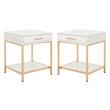 Home Square Wood End Table in White Gloss and Gold Plated Base - Set of 2