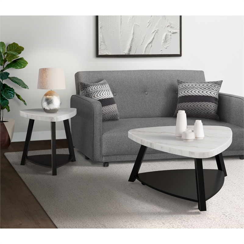 Home Square Marble Top End Table in White & Black Wooden Base - Set of 2