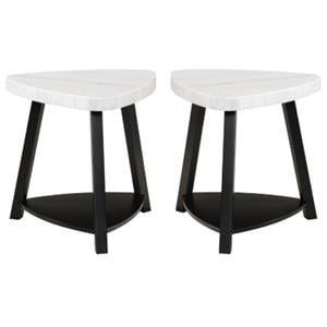 Home Square Marble Top End Table in White & Black Wooden Base - Set of 2