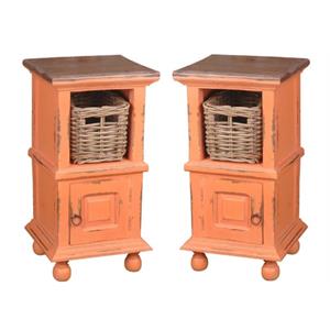 Home Square Transitional Wood End Table with Basket in Coral Orange - Set of 2