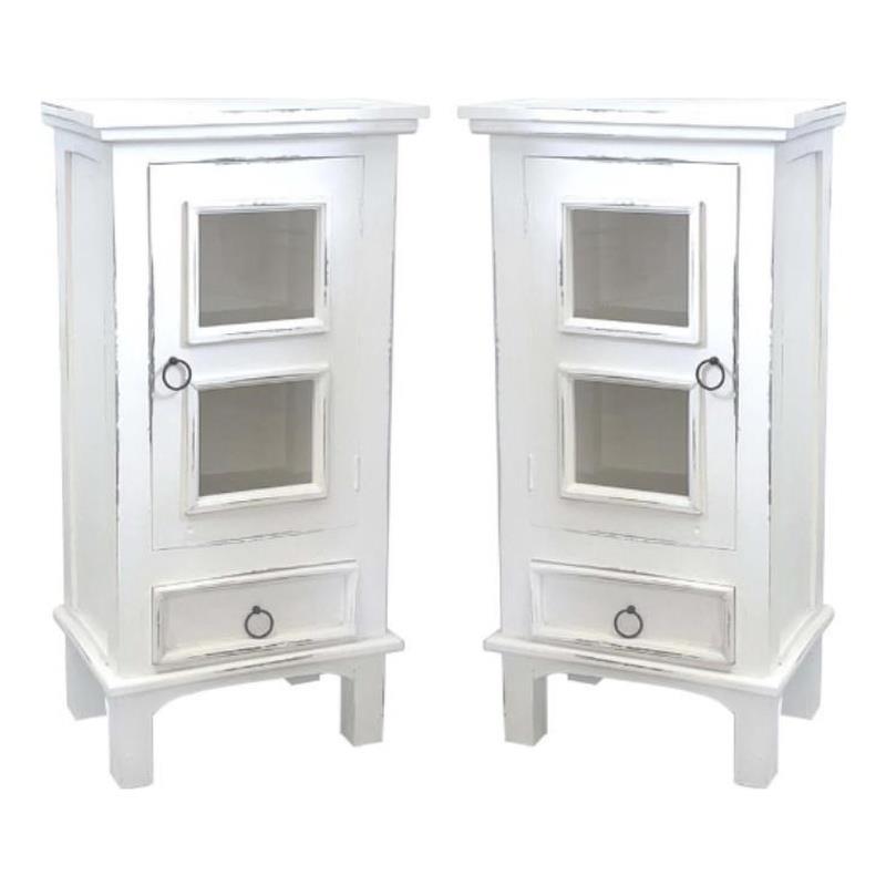 Home Square 1-Door Wood End Table & Nightstand in Distressed White - Set of 2