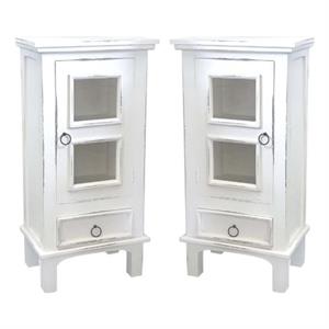 Home Square 1-Door Wood End Table & Nightstand in Distressed White - Set of 2