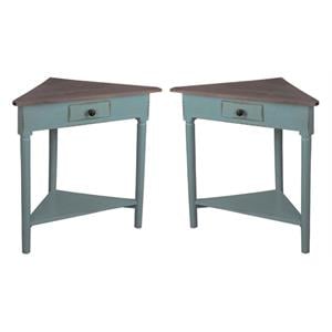 Home Square Wood Corner Table in Distressed Beach Blue & Raftwood - Set of 2
