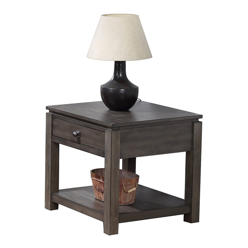Home Square Wood End Table with Drawer and Shelf in Gray - Set of 2