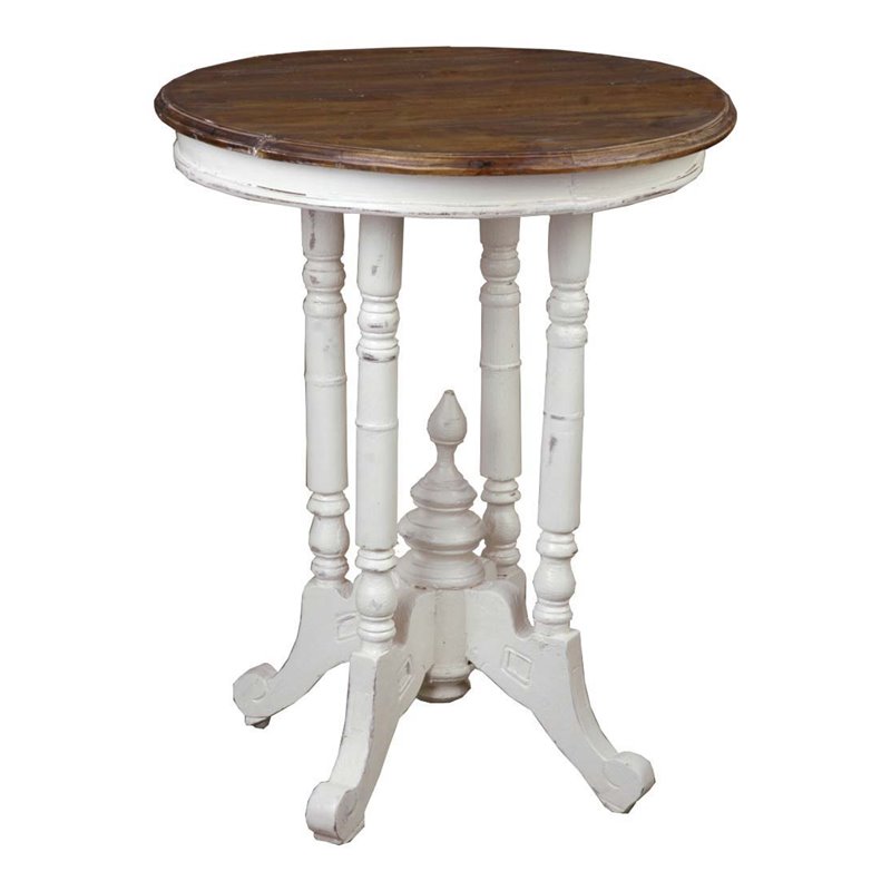 Home Square Round End Table in Distressed White and Brown Wood - Set of 2