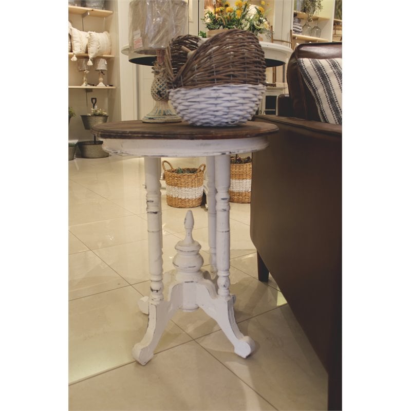 Home Square Round End Table in Distressed White and Brown Wood - Set of 2