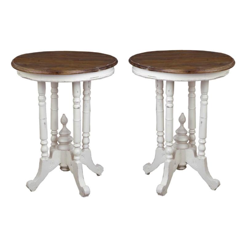 Home Square Round End Table in Distressed White and Brown Wood - Set of 2