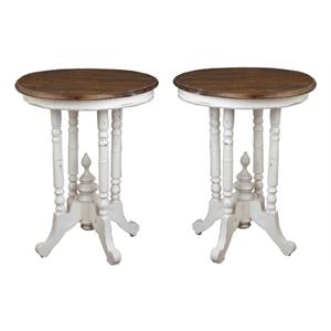 Home Square Round End Table in Distressed White and Brown Wood - Set of 2
