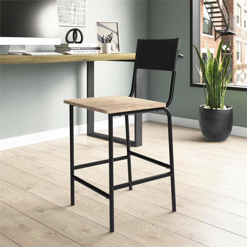 Home Square Faux Leather Counter Stool in Black Back & Black Frame - Set of 3