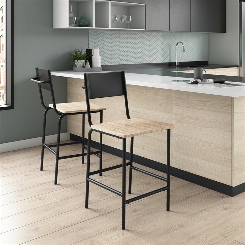 Home Square Faux Leather Counter Stool in Black Back & Black Frame - Set of 3