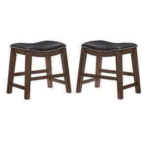 Home Square 18&quot Faux Leather Saddle Dining Stool in Black - Set of 2
