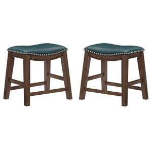 Home Square 18&quot Faux Leather Saddle Dining Stool in Green - Set of 2