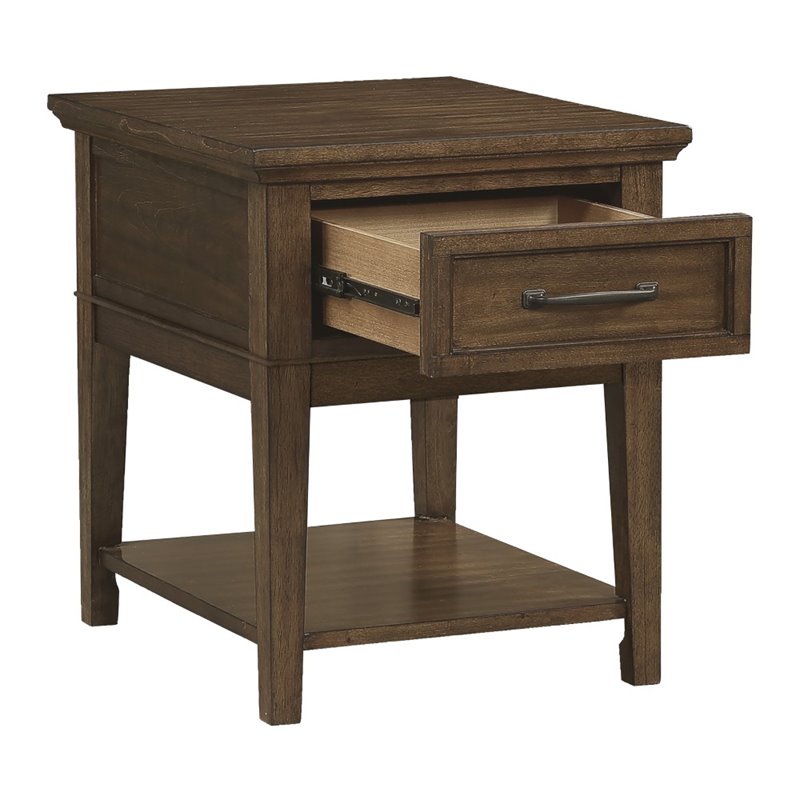 Home Square Wood 1 Drawer End Table in Brown Finish - Set of 2