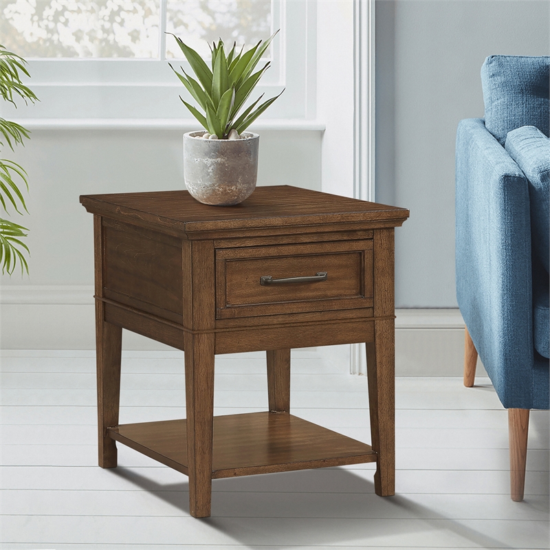 Home Square Wood 1 Drawer End Table in Brown Finish - Set of 2