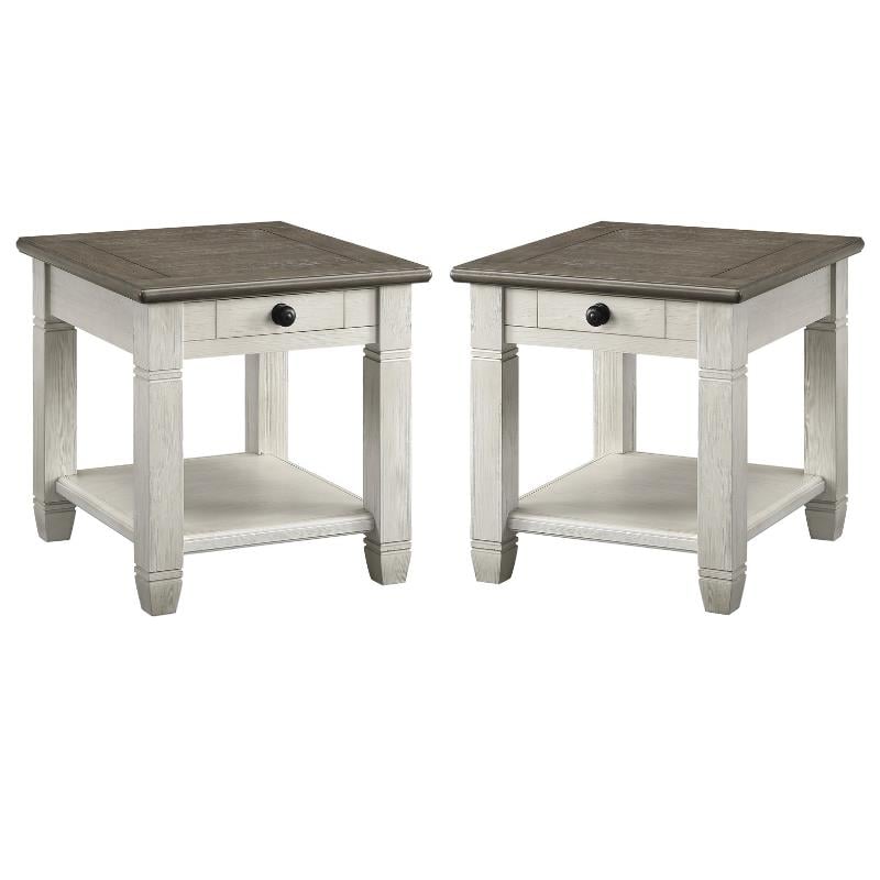 Home Square Wood 1 Drawer End Table in Antique White - Set of 2