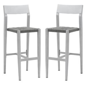home square aluminum bar side stool in silver frame & charcoal rope