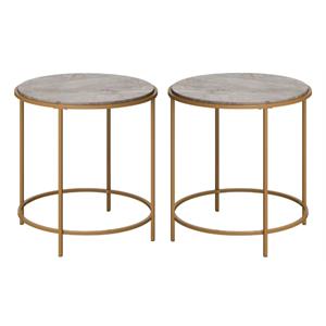 Home Square Metal Frame Round End Table in Gold Satin & Deco Stone - Set of 2