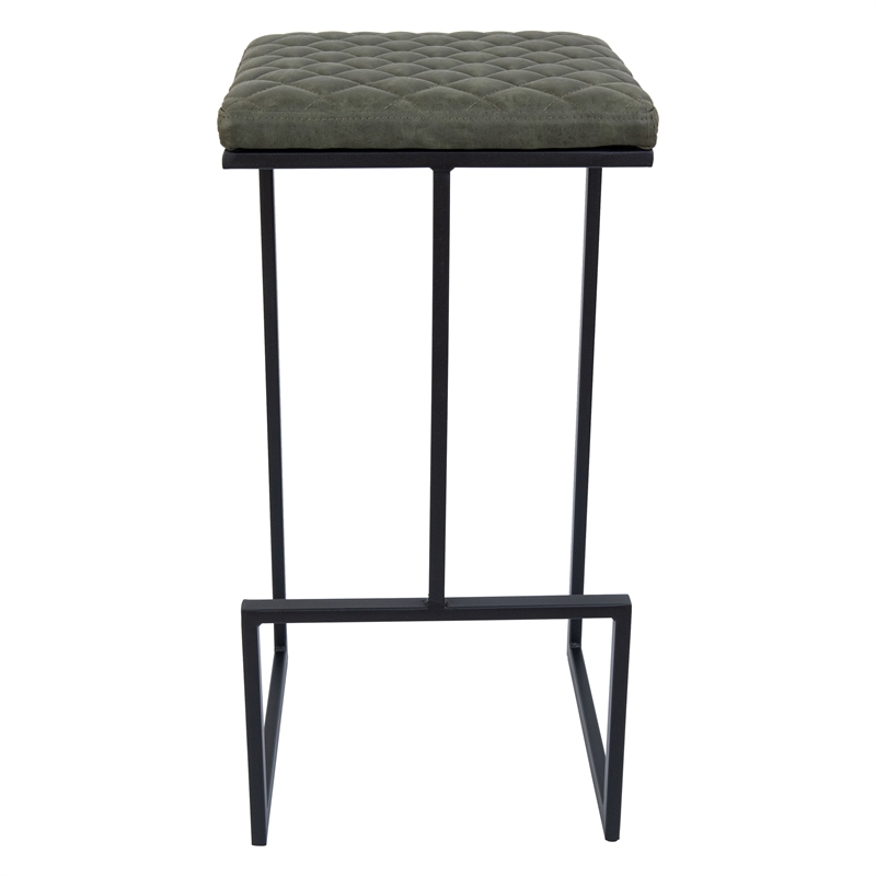 Home Square Quilted Stitched Leather Bar Stools in Olive Green - Set of 3