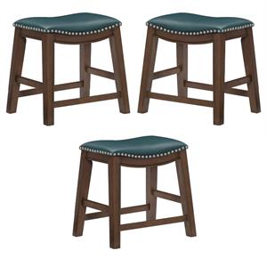 Home Square 18&quot Faux Leather Saddle Dining Stool in Green - Set of 3