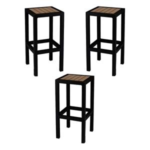 home square aluminum patio bar stool in black and teak - set of 3