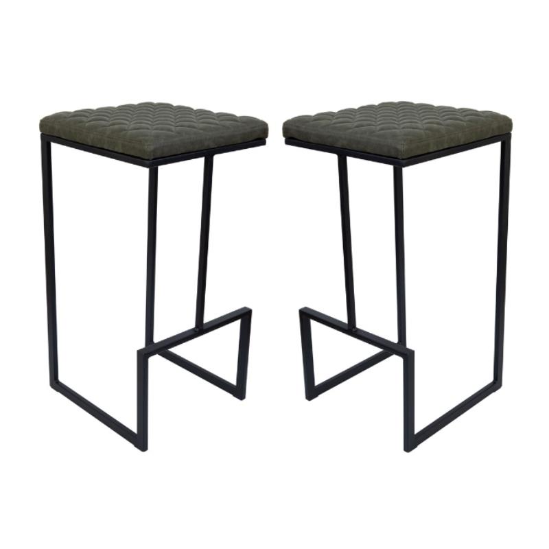 Home Square Quilted Stitched Leather Bar Stools in Olive Green - Set of 2