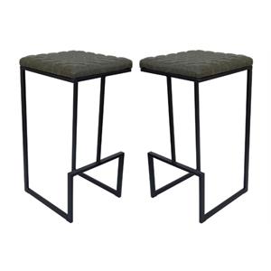 Home Square Quilted Stitched Leather Bar Stools in Olive Green - Set of 2