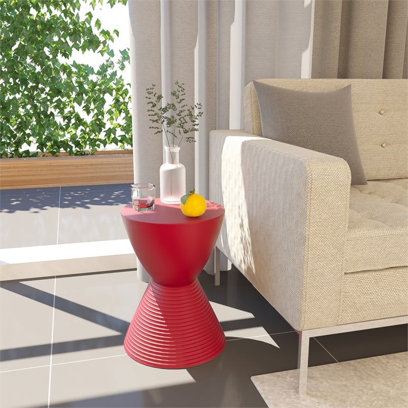 Home Square Modern Plastic Ribbed Round End Table in Red - Set of 2