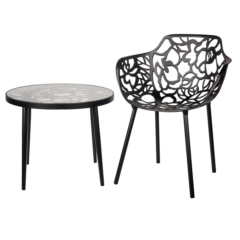 Home Square Modern Glass Top Aluminum Base End Table in Black - Set of 2