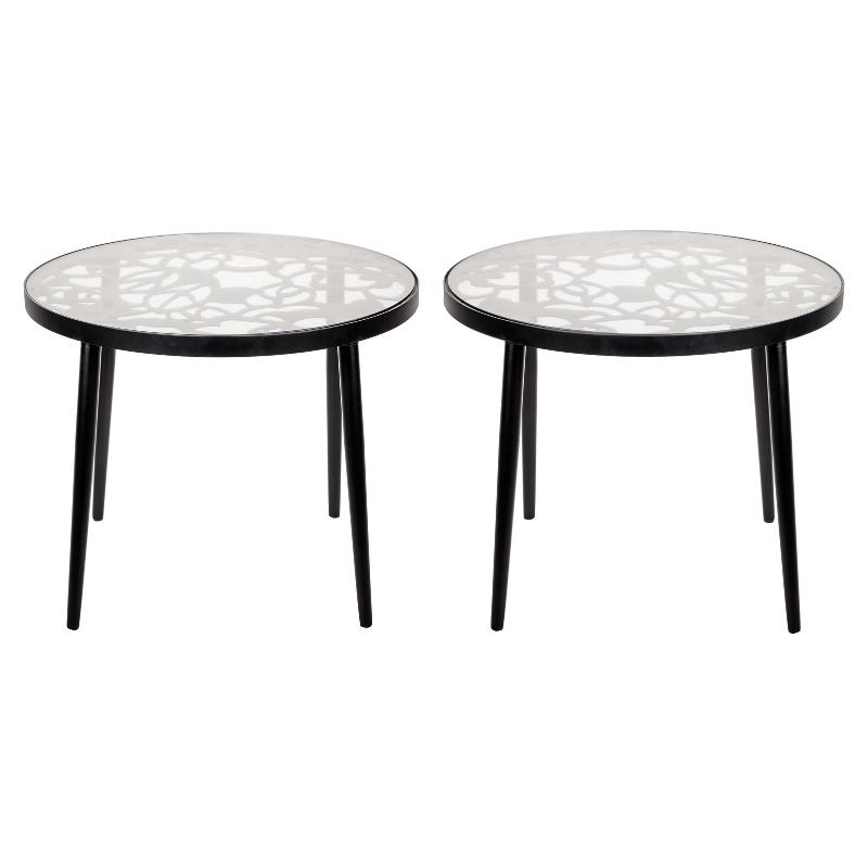 Home Square Modern Glass Top Aluminum Base End Table in Black - Set of 2