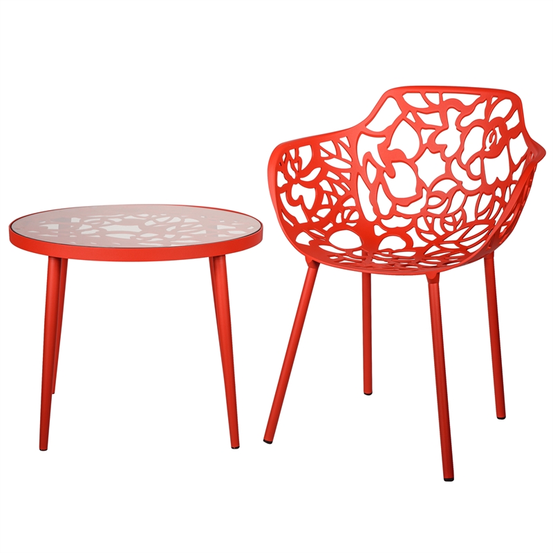 Home Square Modern Glass Top Aluminum Base End Table in Red - Set of 2