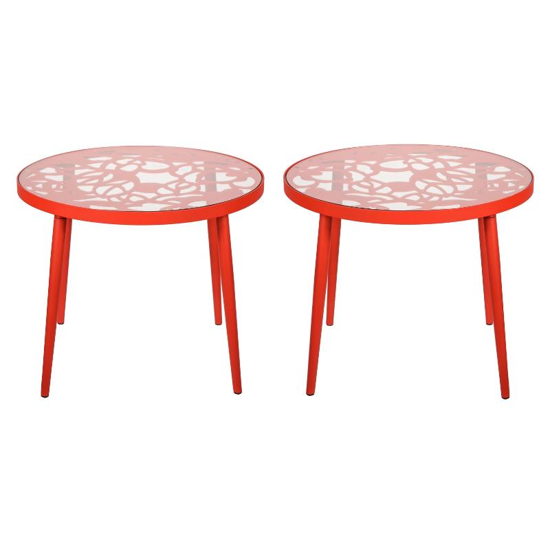Home Square Modern Glass Top Aluminum Base End Table in Red - Set of 2