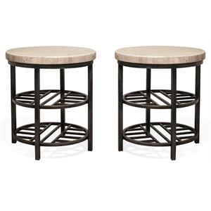 Home Square 22&quot Round Stone Top Storage End Table - Set of 2