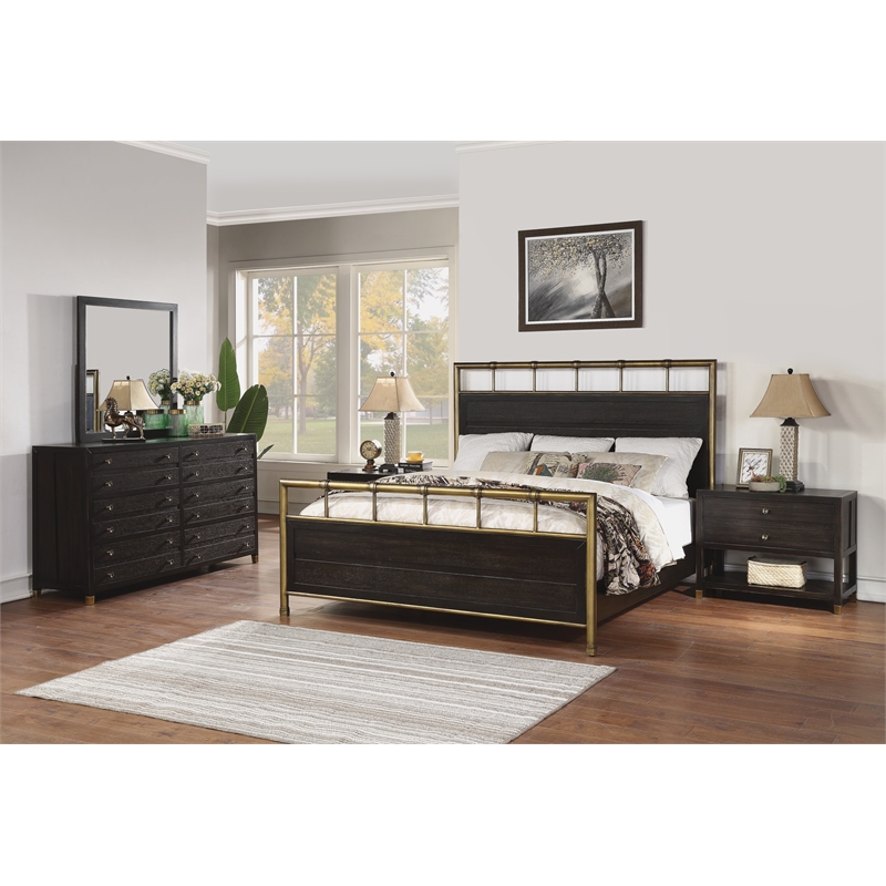 Home Square 2-Piece Set with Queen Framed Bed and Drawer Chest in Dark Brown