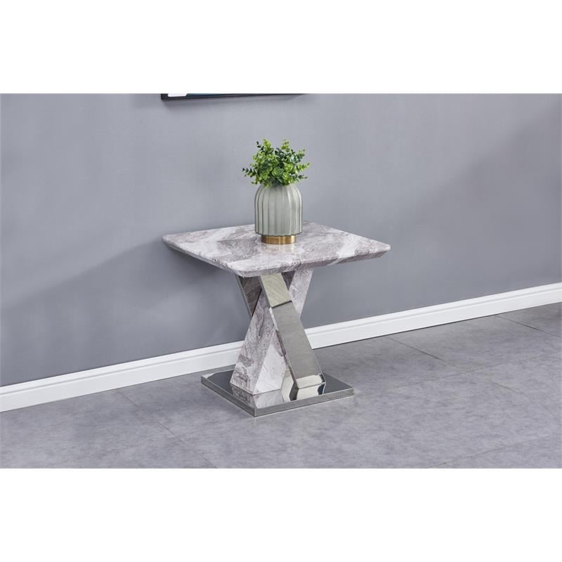 Home Square Faux Marble and Steel End Table in White and Silver - Set of 2