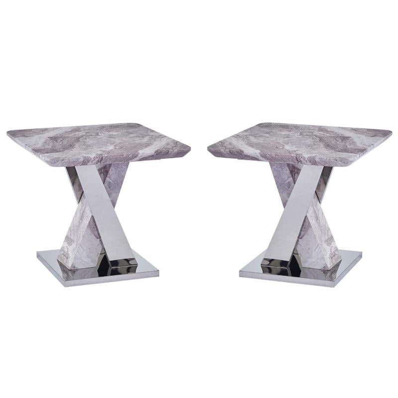 Home Square Faux Marble and Steel End Table in White and Silver - Set of 2