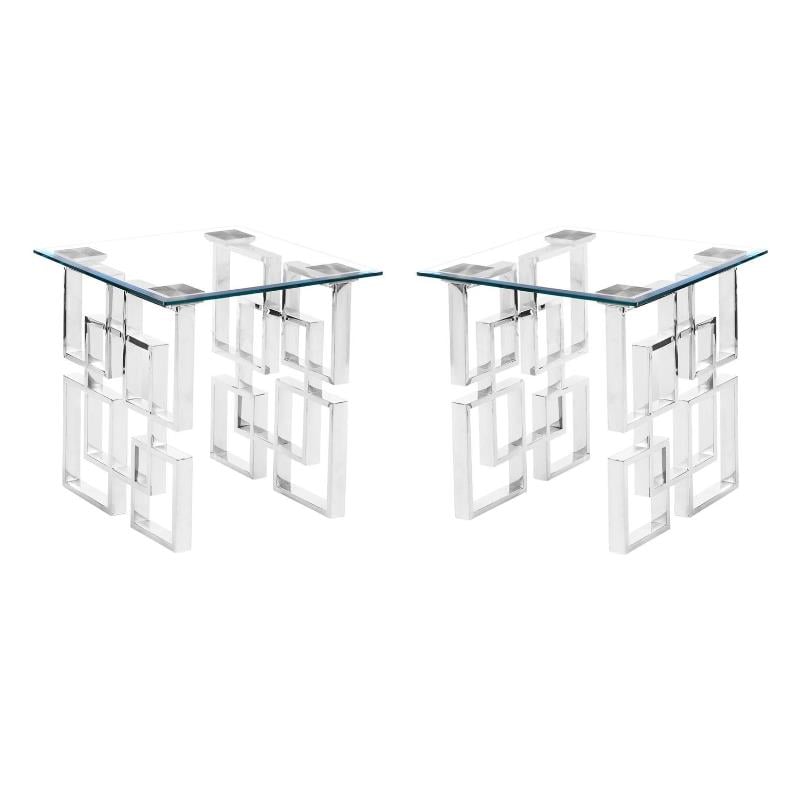 Home Square Contemporary Clear Glass End Table in Silver - Set of 2
