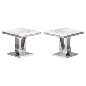 Home Square Marble and Steel Base End Table in White & Silver - Set of 2