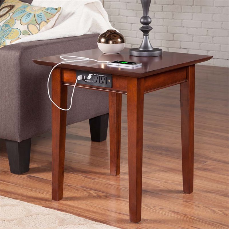 Home Square Solid Hardwood Charger End Table in Walnut - Set of 2