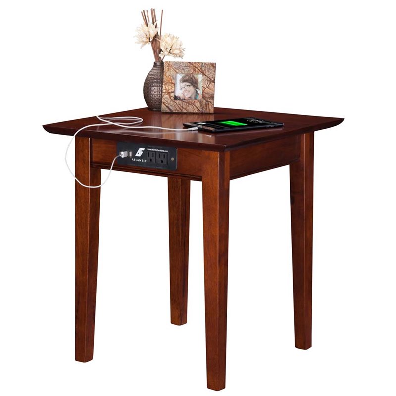 Home Square Solid Hardwood Charger End Table in Walnut - Set of 2