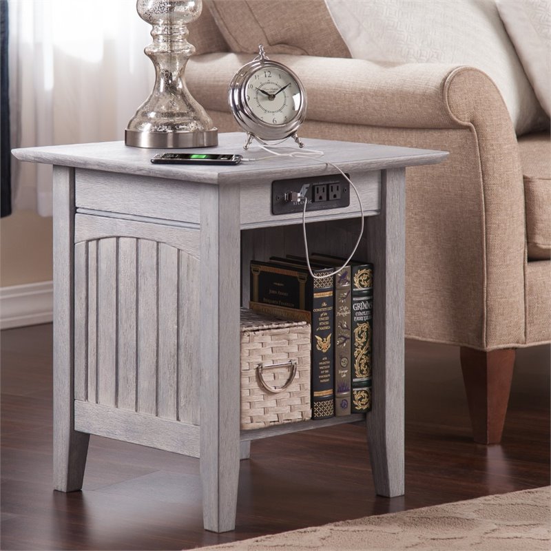 Home Square End Table with Charger in Driftwood Gray - Set of 2